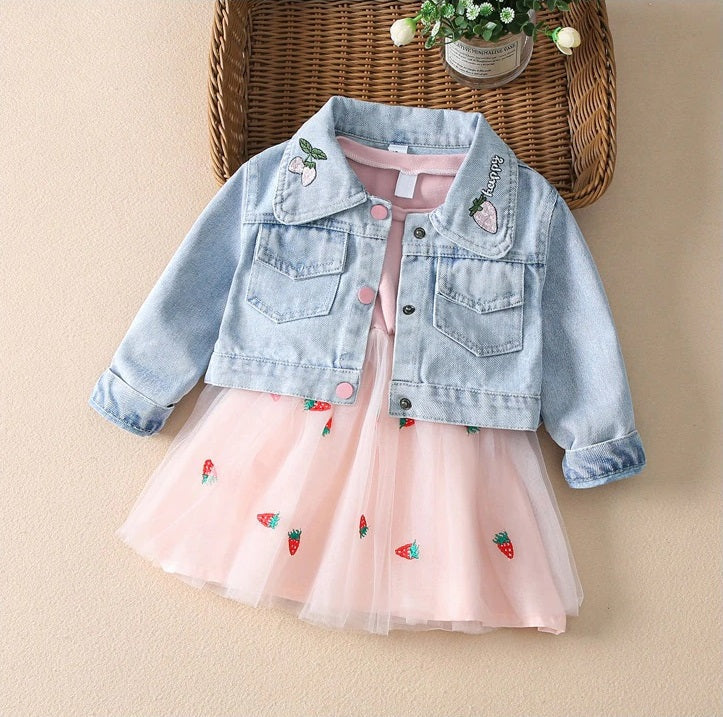 Strawberry Girls’ Dress & Denim Jacket Set