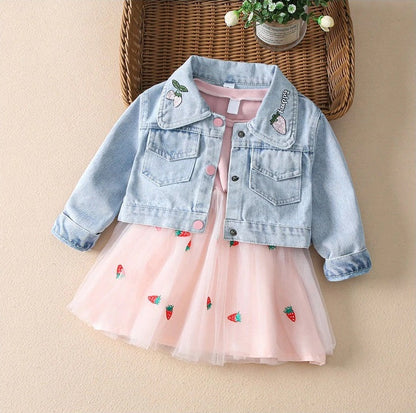 Strawberry Girls’ Dress & Denim Jacket Set