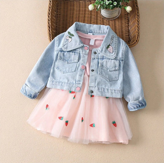 Strawberry Girls’ Dress & Denim Jacket Set