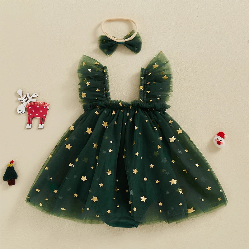 Infant Baby Girl Christmas Outfit Star Flower Green Tutu Christmas Dress Romper Newborn Christmas Clothes Dress