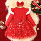 Christmas Dress Set Girl Autumn Long Sleeve Velvet Star Tulle Dress with Bow Headband Festive Clothes