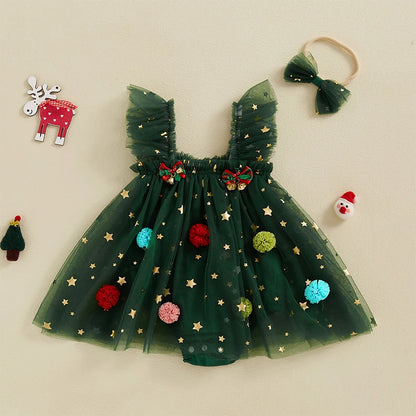 Infant Baby Girl Christmas Outfit Star Flower Green Tutu Christmas Dress Romper Newborn Christmas Clothes Dress
