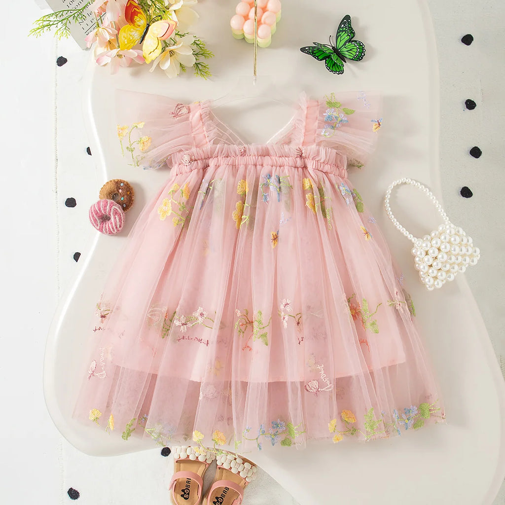 Girls' Dress Summer Floral Mesh Little Flying Sleeve Baby Girl Dress Cute Back Butterfly Princess Dress Baby Girl Clothes