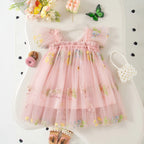 Girls' Dress Summer Floral Mesh Little Flying Sleeve Baby Girl Dress Cute Back Butterfly Princess Dress Baby Girl Clothes