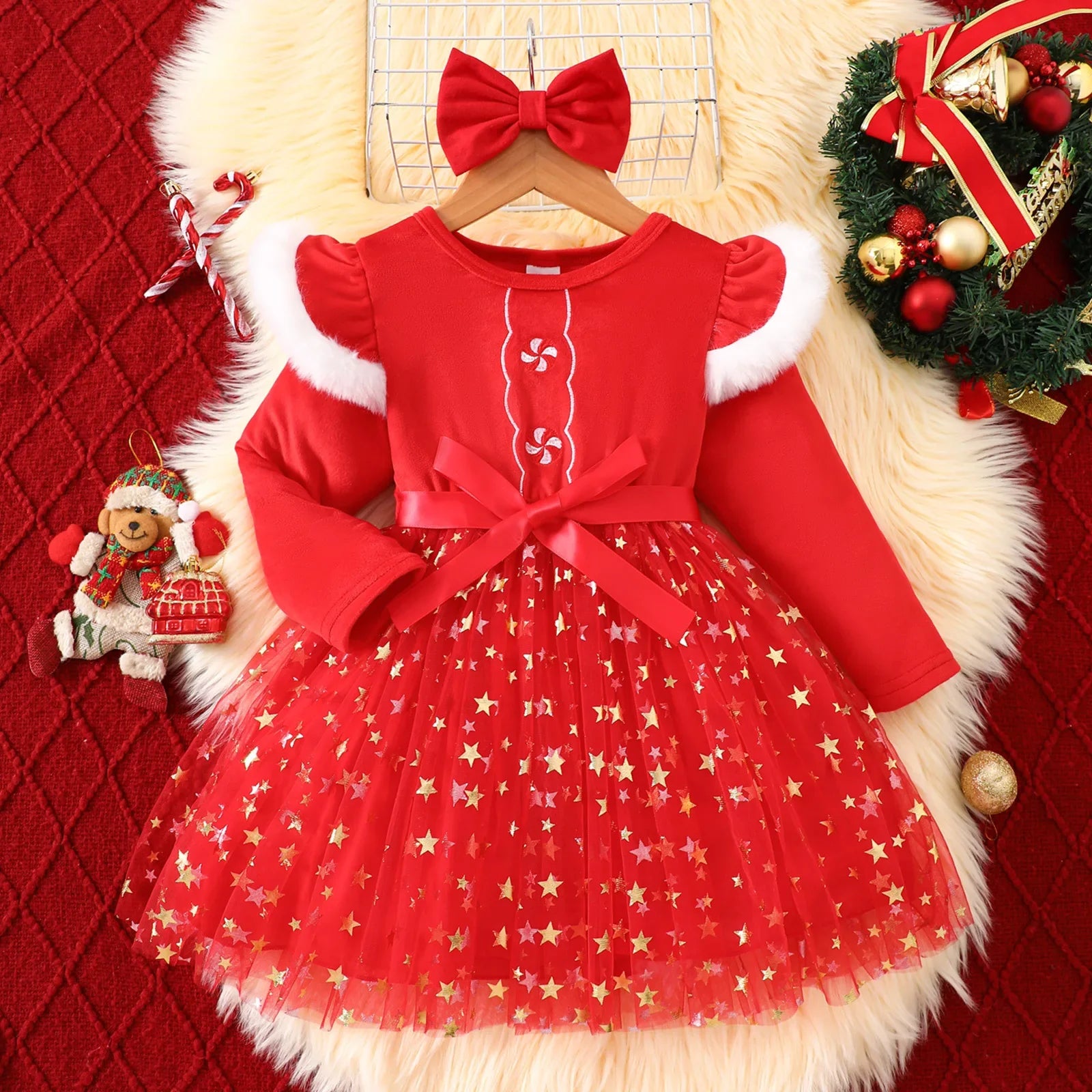 Christmas Dress Set Girl Autumn Long Sleeve Velvet Star Tulle Dress with Bow Headband Festive Clothes