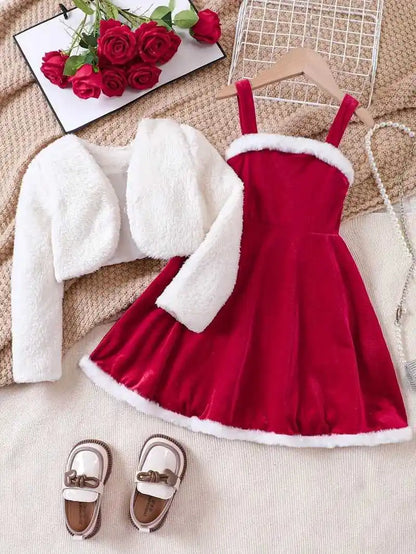 Girls Christmas Velvet Sleeveless Dress 2 Piece Set with Jacket Outfit Kids Party Wear Toddler Clothing New Year Autumn Winter