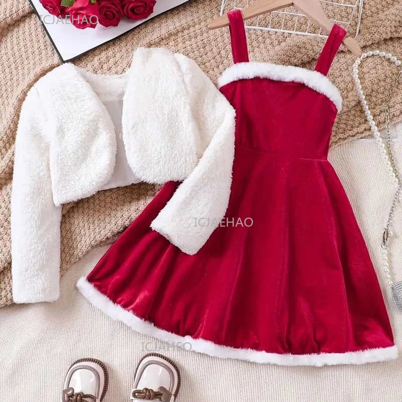 Girls Christmas Velvet Sleeveless Dress 2 Piece Set with Jacket Outfit Kids Party Wear Toddler Clothing New Year Autumn Winter