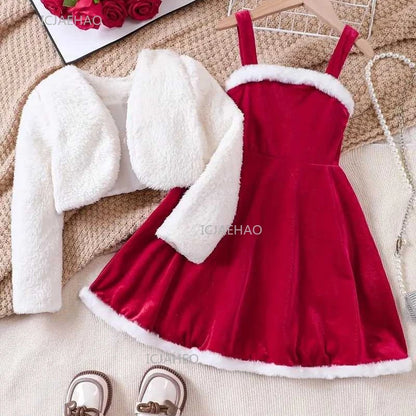 Girls Christmas Velvet Sleeveless Dress 2 Piece Set with Jacket Outfit Kids Party Wear Toddler Clothing New Year Autumn Winter