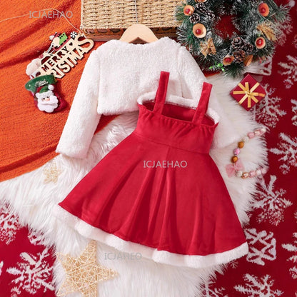Girls Christmas Velvet Sleeveless Dress 2 Piece Set with Jacket Outfit Kids Party Wear Toddler Clothing New Year Autumn Winter