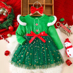 Christmas Dress Set Girl Autumn Long Sleeve Velvet Star Tulle Dress with Bow Headband Festive Clothes