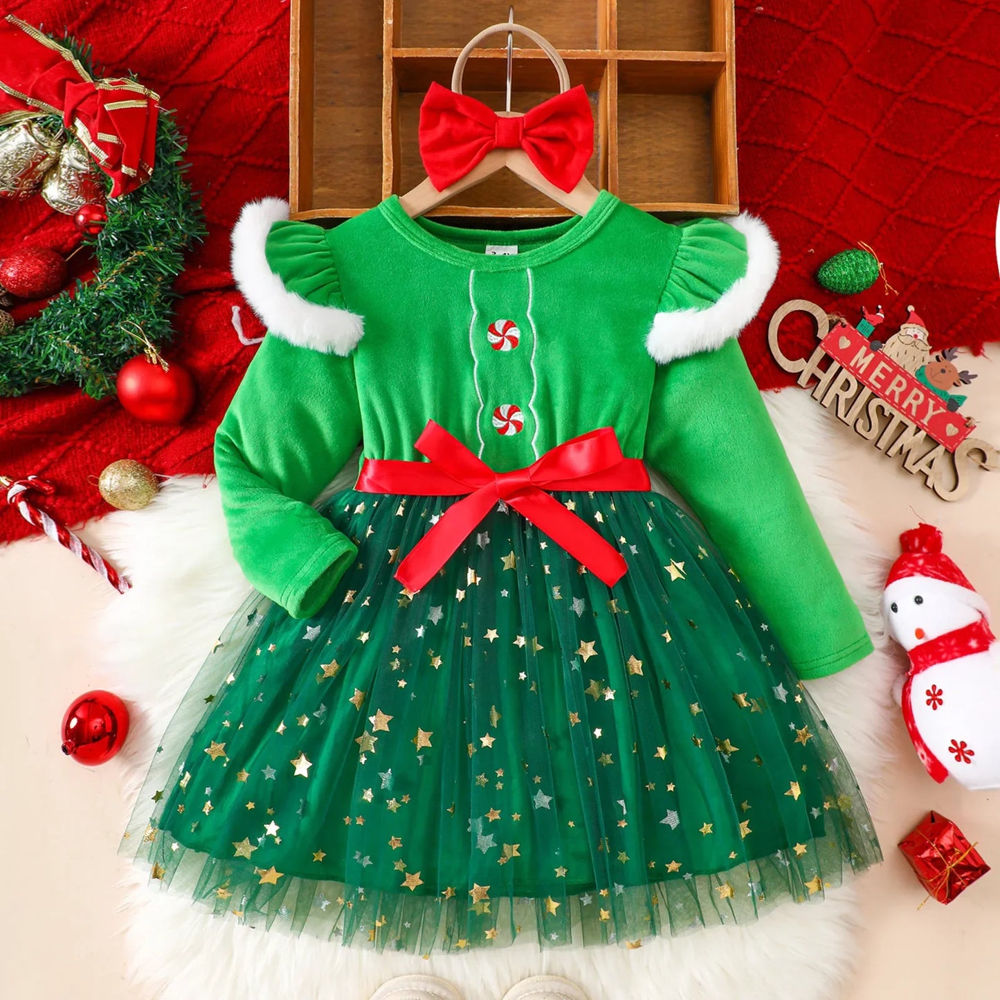 Christmas Dress Set Girl Autumn Long Sleeve Velvet Star Tulle Dress with Bow Headband Festive Clothes
