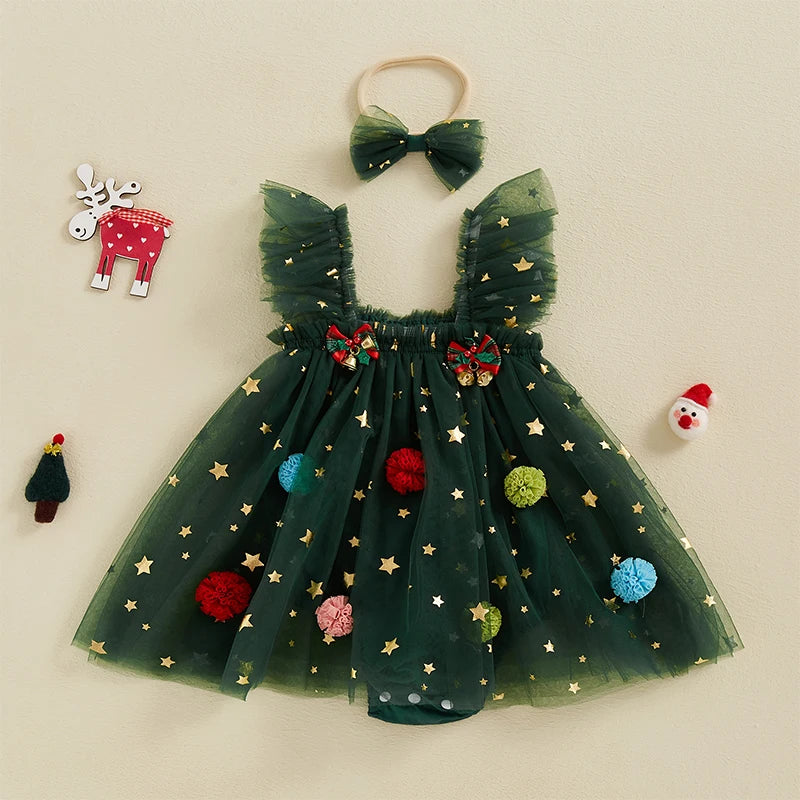 Infant Baby Girl Christmas Outfit Star Flower Green Tutu Christmas Dress Romper Newborn Christmas Clothes Dress
