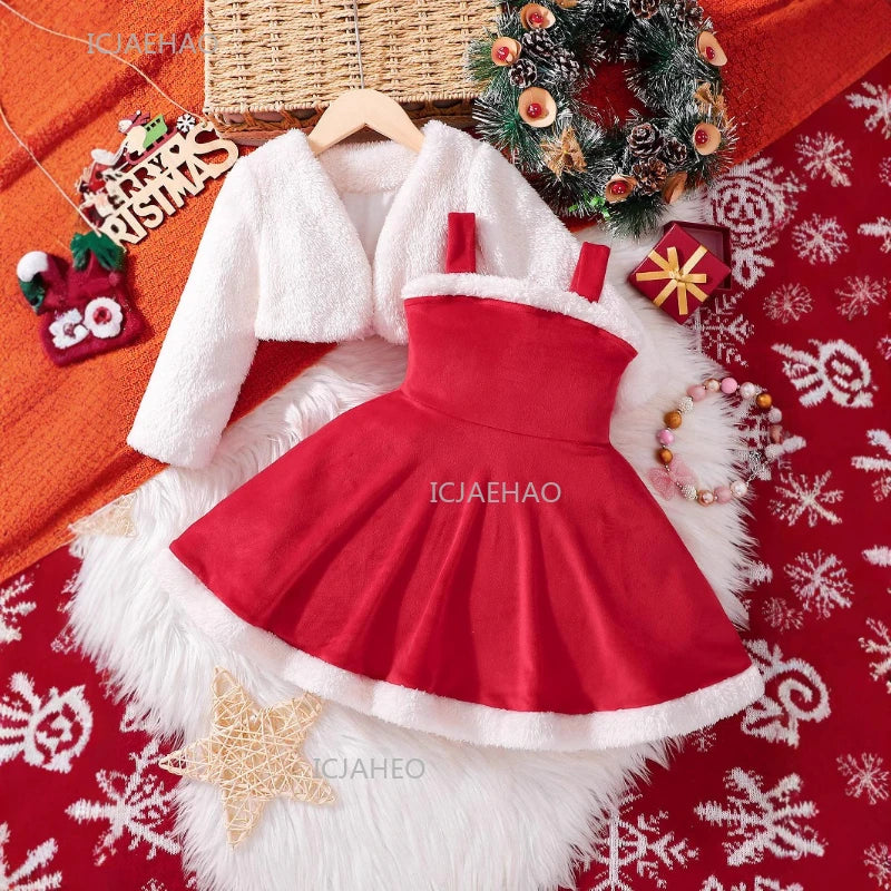 Girls Christmas Velvet Sleeveless Dress 2 Piece Set with Jacket Outfit Kids Party Wear Toddler Clothing New Year Autumn