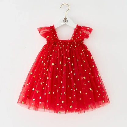 2025 Christmas Girls Strap Dresses Mesh Gold Star Tulle Dress For Girls Camisole New Year Kids Princess Dress for Girls for 0-7Y