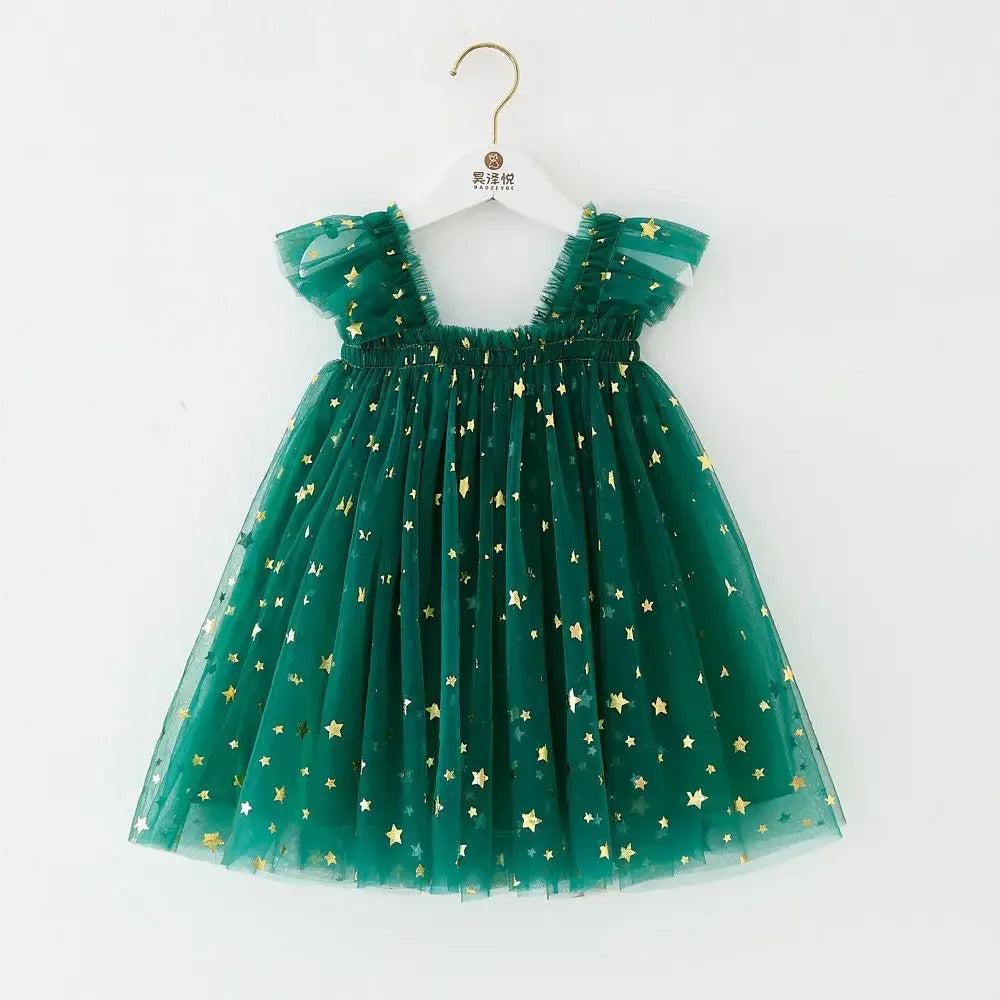 2025 Christmas Girls Strap Dresses Mesh Gold Star Tulle Dress For Girls Camisole New Year Kids Princess Dress for Girls for 0-7Y