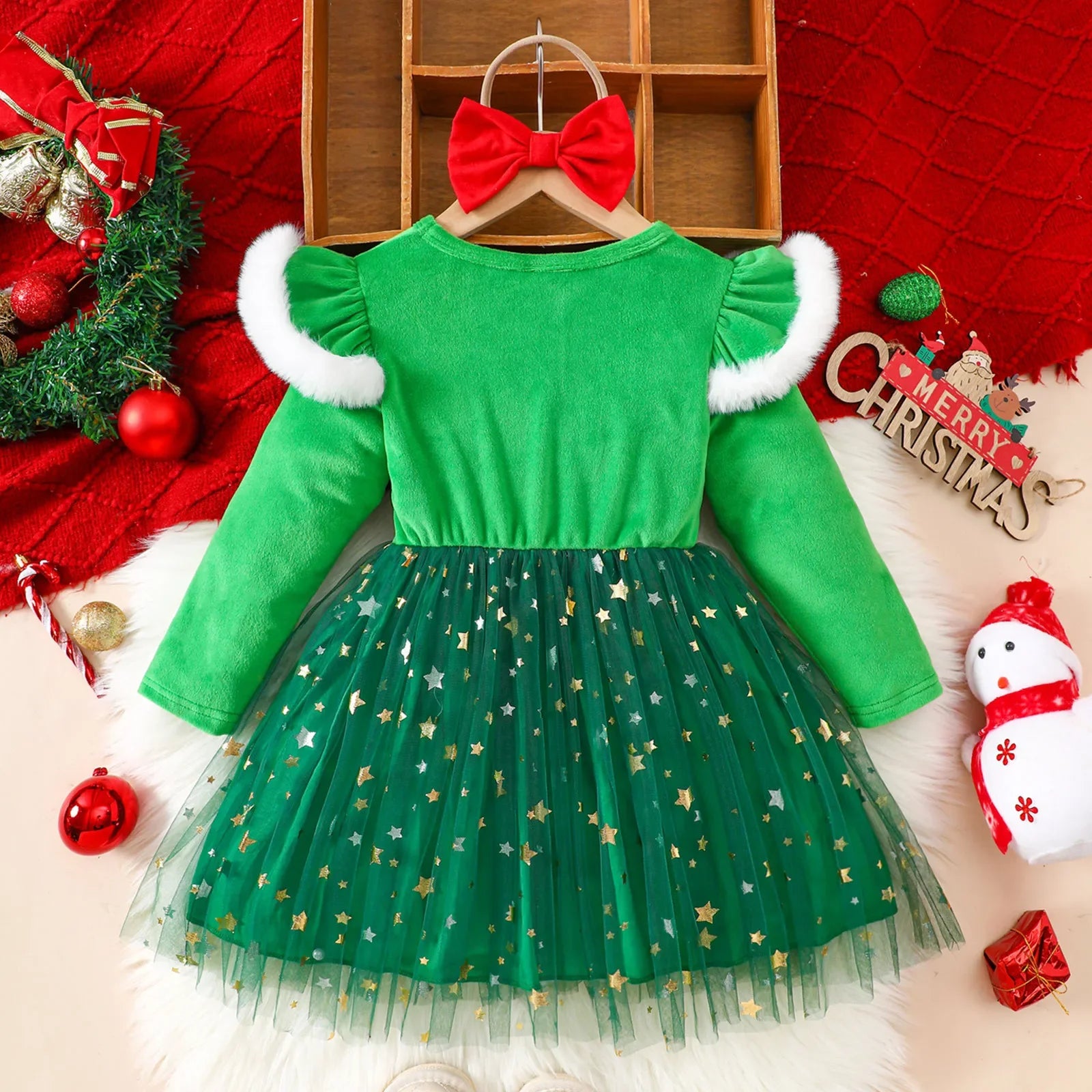 Christmas Dress Set Girl Autumn Long Sleeve Velvet Star Tulle Dress with Bow Headband Festive Clothes