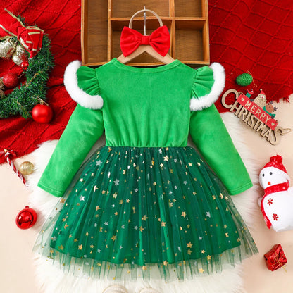 Christmas Dress Set Girl Autumn Long Sleeve Velvet Star Tulle Dress with Bow Headband Festive Clothes