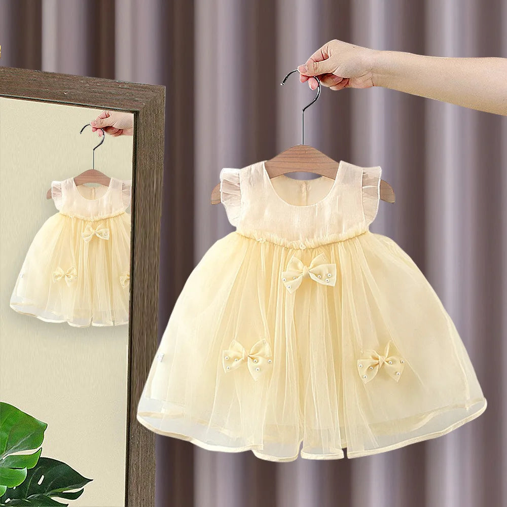 Kinderkleidung, Mädchenkleid, Sommerkleid im neuen Stil, Kinderabendkleid mit Wolkenmuster, Prinzessinnenkleid mit Flügelärmeln, Babykleid mit Schleife 