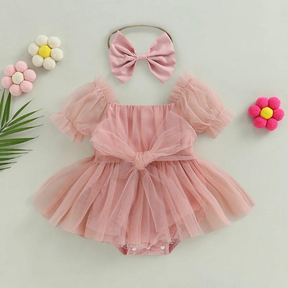 Vestidinho Julie Tule com Laço Rosa - Minu Kids
