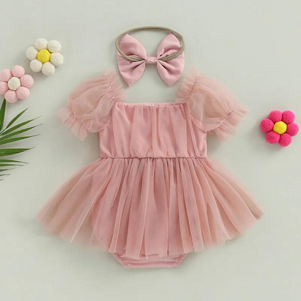 Vestidinho Julie Tule com Laço Rosa - Minu Kids