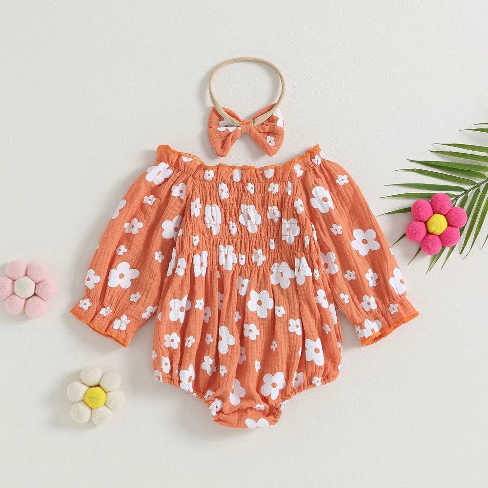 Romper Florzinha Lili Manga Comprida com Laço Laranja - Minu Kids