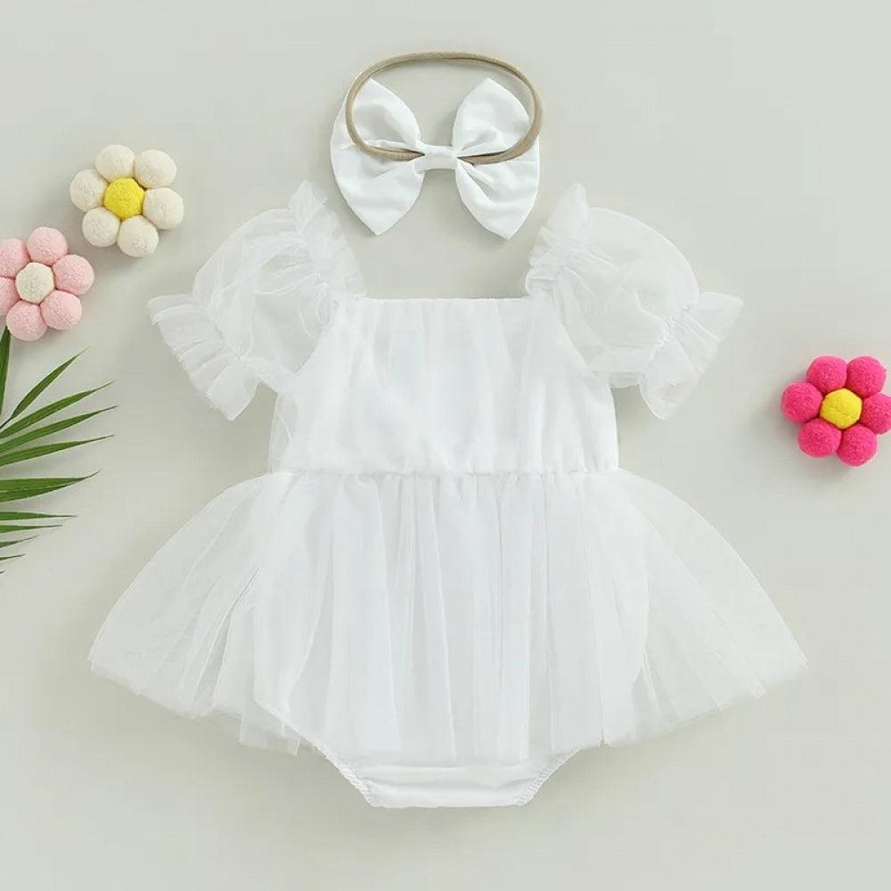 Vestidinho Julie Tule com Laço Branco - Minu Kids