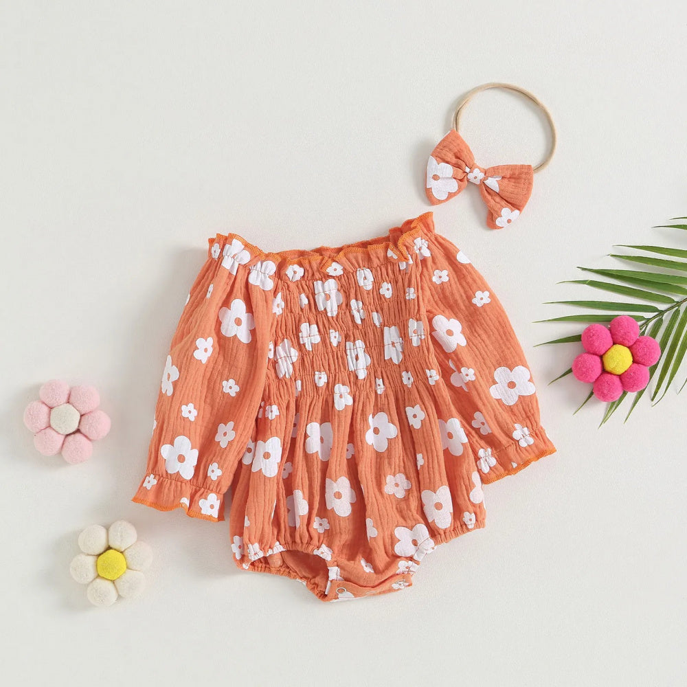 Romper Florzinha Lili Manga Comprida com Laço Laranja - Minu Kids
