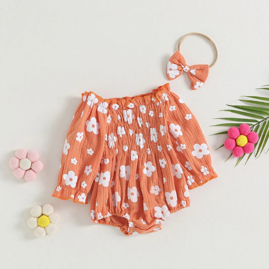 Romper Florzinha Lili Manga Comprida com Laço Laranja - Minu Kids