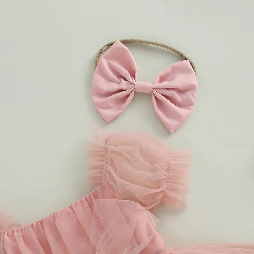 Vestidinho Julie Tule com Laço Rosa - Minu Kids