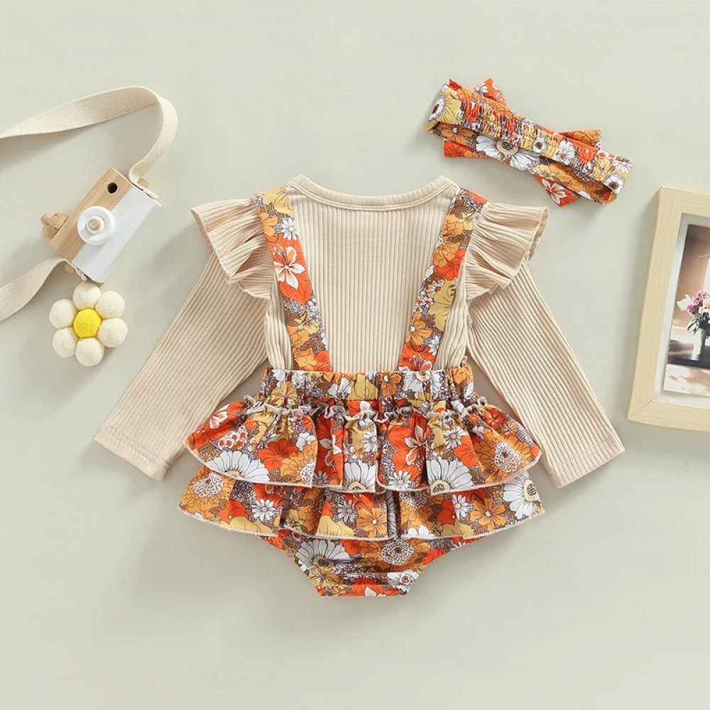Romper Bela Floral com Manga Comprida Bege - Minu Kids