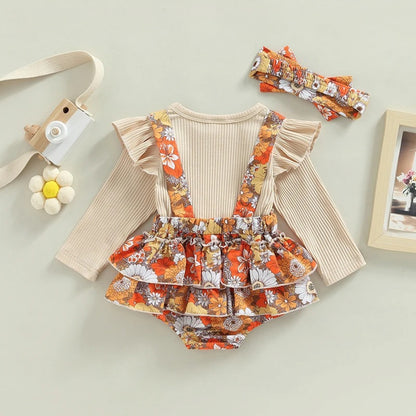 Romper Bela Floral com Manga Comprida Bege - Minu Kids