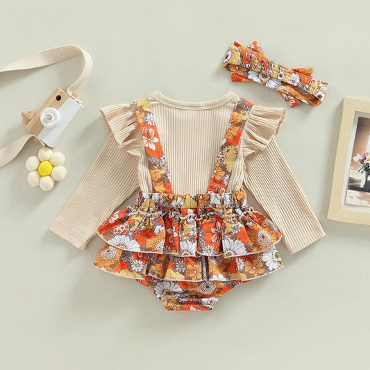 Romper Bela Floral com Manga Comprida Bege - Minu Kids