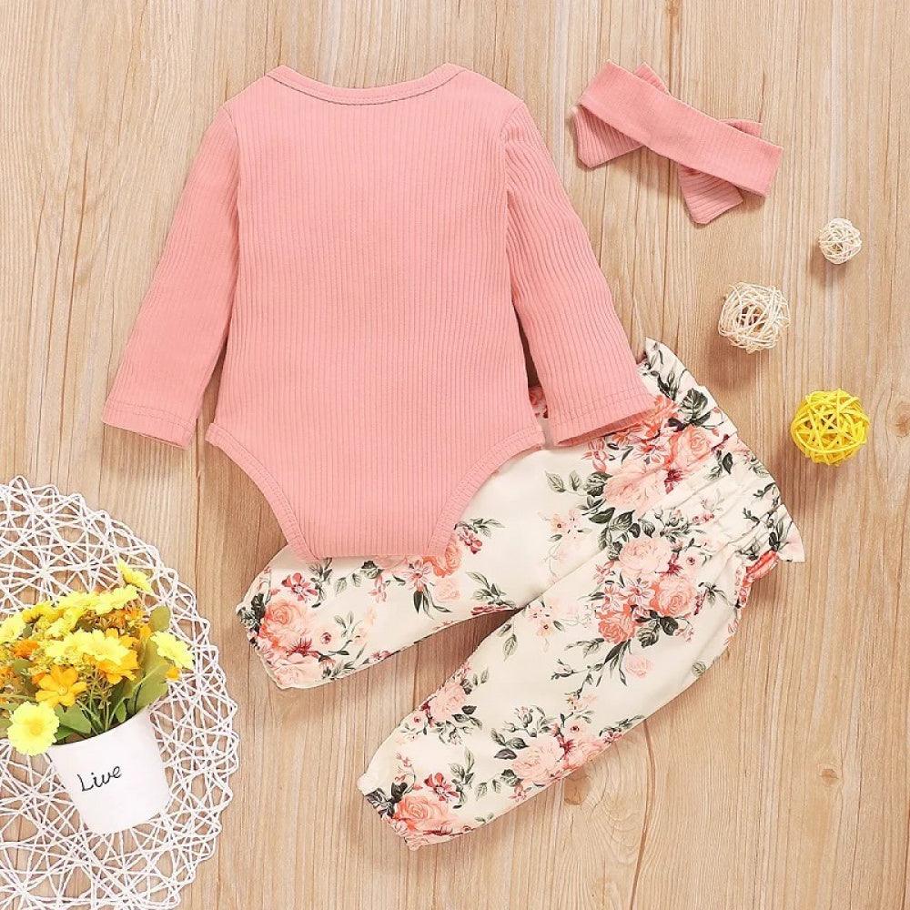 Conjunto Floral Calça e Body de Manga Comprida Rosa - Minu Kids