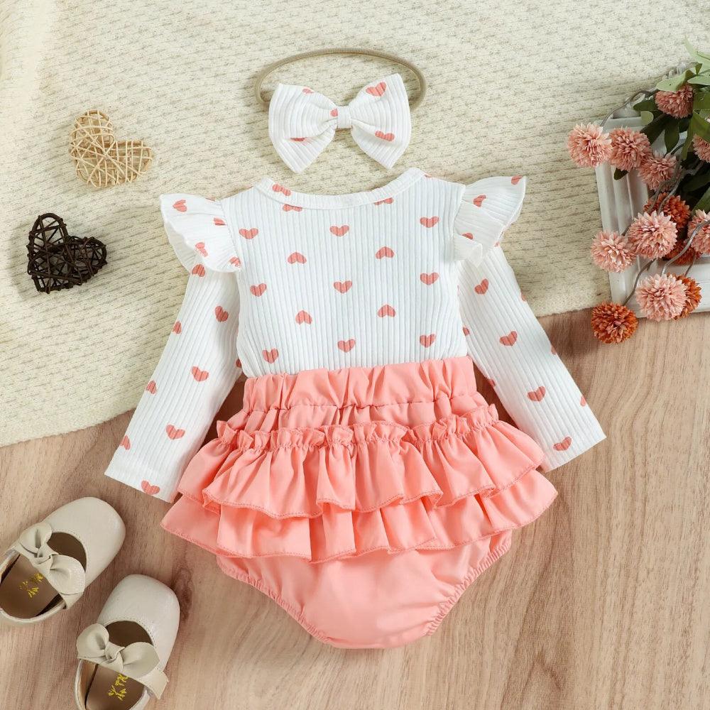 Romper Corações Branco com Rosa de Manga Comprida - Minu Kids
